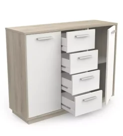 Credenze E Buffet- Mobile bianco e quercia con 2 ante e  4 cassetti, 113x84x36 cm