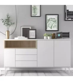 Credenze E Buffet|Mobile buffet bianco 3 ante e 3 cassetti, 176x90x48 cm
