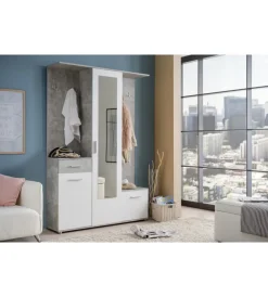 BellaHome Mobili Da Ingresso|Mobile da ingresso "barcellona" con specchio, cassetti e appendiabiti bianco e cemento, 133x33x197 cm