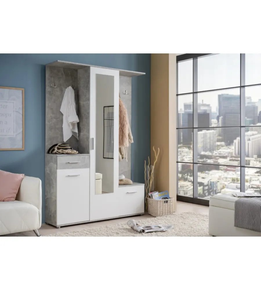BellaHome Mobili Da Ingresso|Mobile da ingresso "barcellona" con specchio, cassetti e appendiabiti bianco e cemento, 133x33x197 cm
