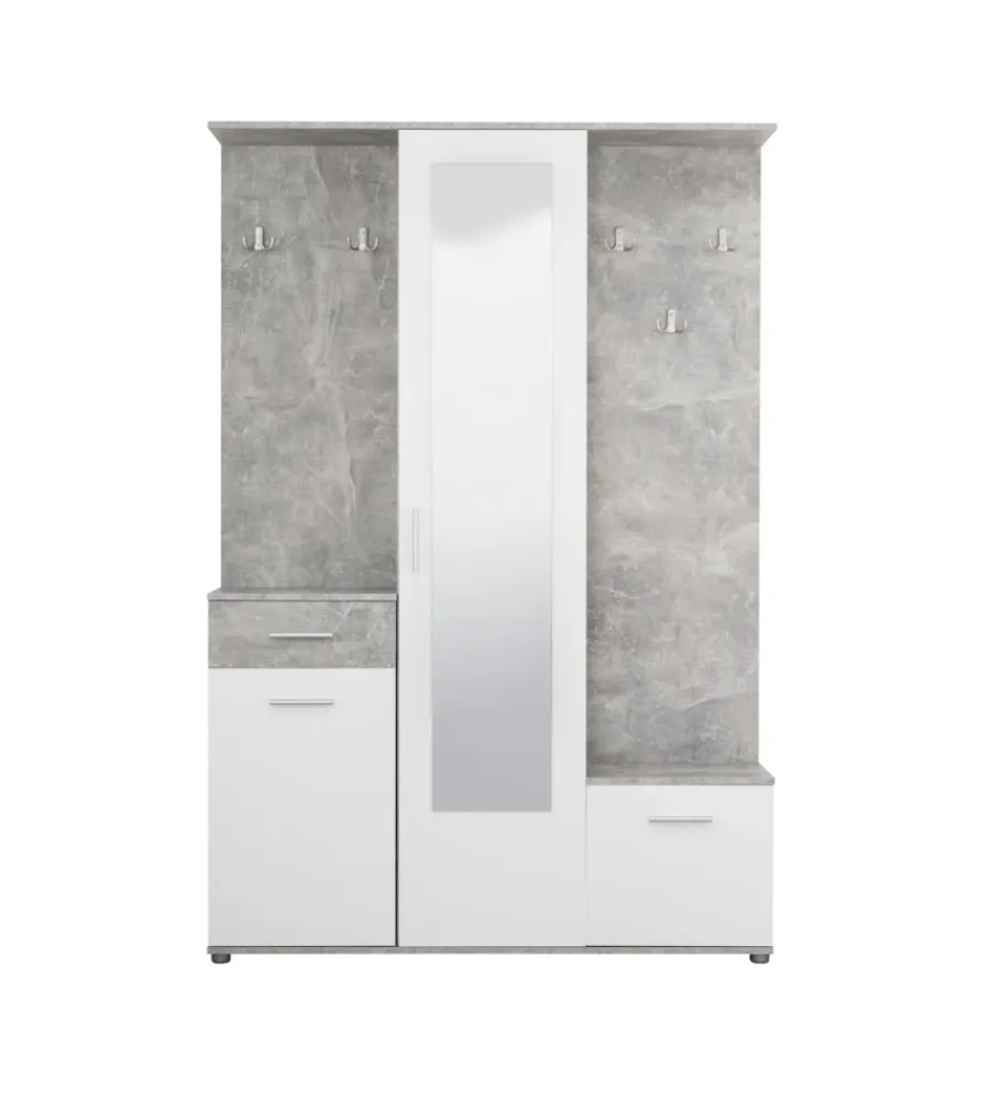 BellaHome Mobili Da Ingresso|Mobile da ingresso "barcellona" con specchio, cassetti e appendiabiti bianco e cemento, 133x33x197 cm