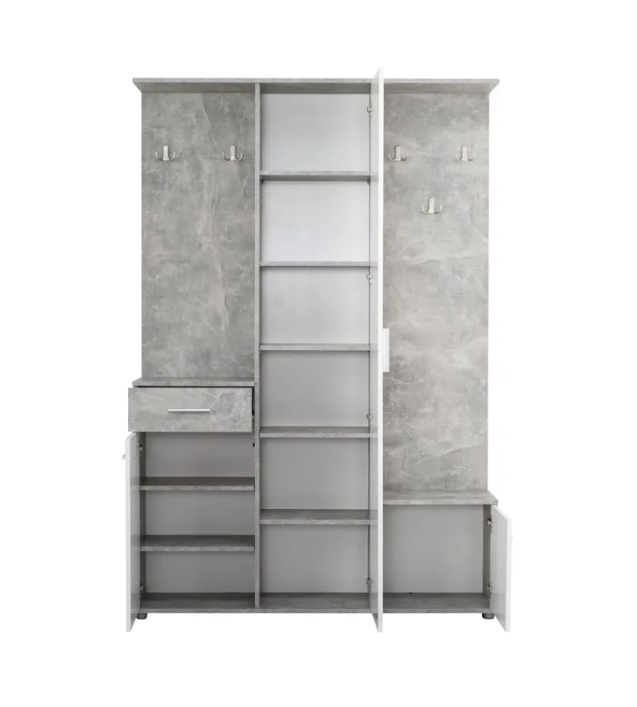 BellaHome Mobili Da Ingresso|Mobile da ingresso "barcellona" con specchio, cassetti e appendiabiti bianco e cemento, 133x33x197 cm