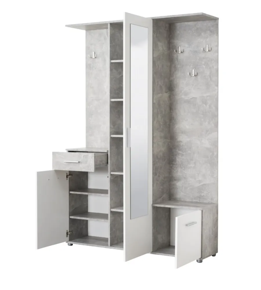 BellaHome Mobili Da Ingresso|Mobile da ingresso "barcellona" con specchio, cassetti e appendiabiti bianco e cemento, 133x33x197 cm