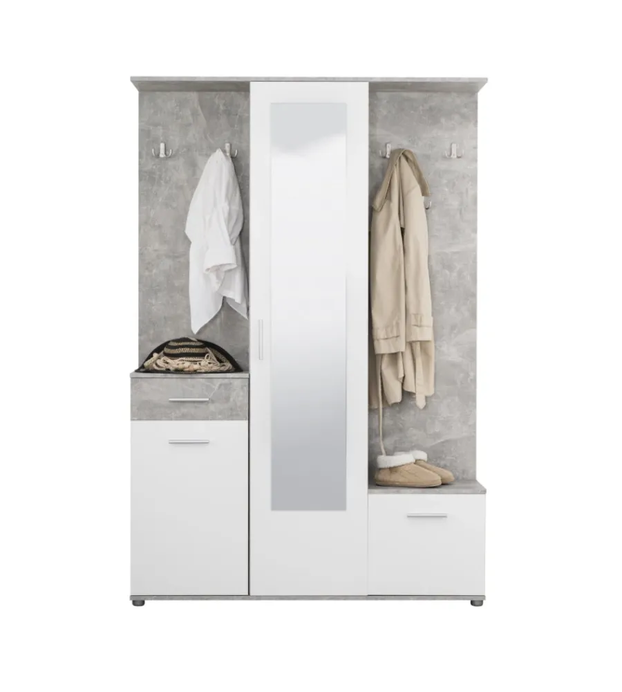 BellaHome Mobili Da Ingresso|Mobile da ingresso "barcellona" con specchio, cassetti e appendiabiti bianco e cemento, 133x33x197 cm