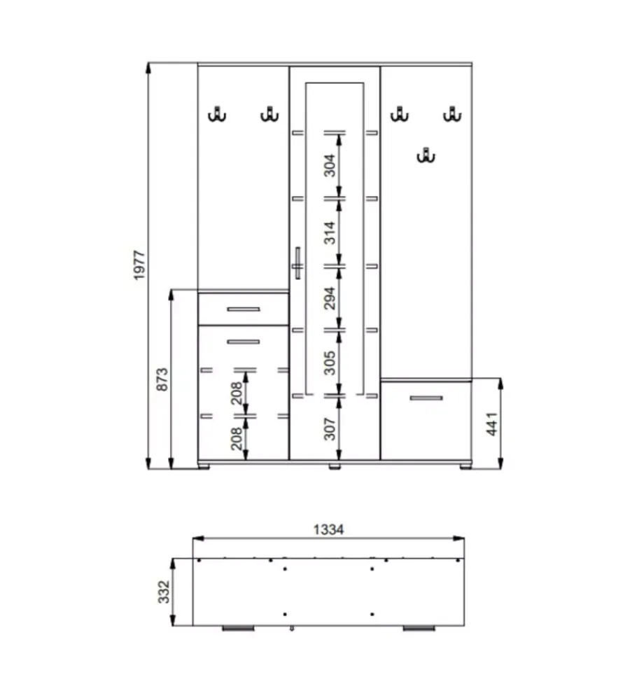 BellaHome Mobili Da Ingresso|Mobile da ingresso "barcellona" con specchio, cassetti e appendiabiti bianco e cemento, 133x33x197 cm