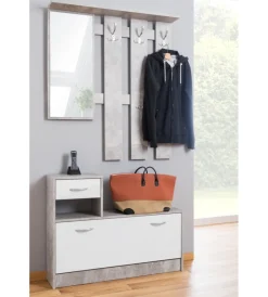 Mobili Da Ingresso-BellaHome Mobile da ingresso con specchio e appendiabiti bianco e cemento 100x25x180 cm