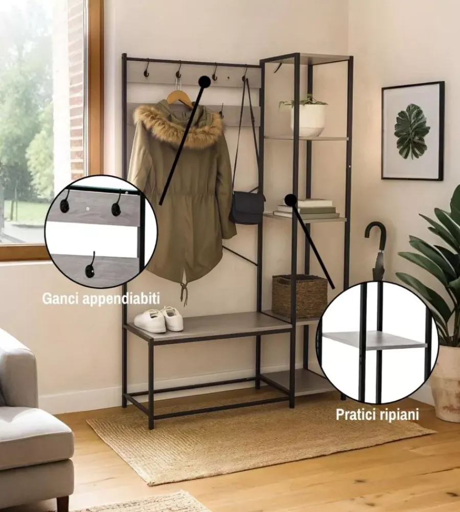 BellaHome Mobili Da Ingresso|Mobile da ingresso "industrial" grigio 110x40x180 cm