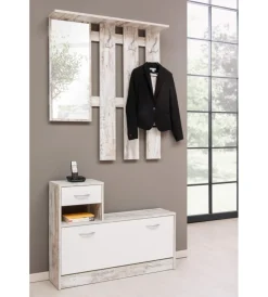 BellaHome Mobili Da Ingresso|Mobile da ingresso con specchio e appendiabiti bianco anticato, 100x180x25 cm