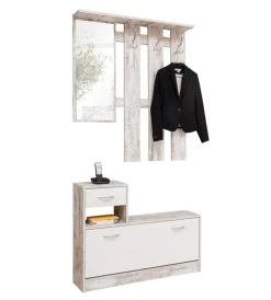 BellaHome Mobili Da Ingresso|Mobile da ingresso con specchio e appendiabiti bianco anticato, 100x180x25 cm