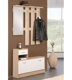Mobili Da Ingresso-BellaHome Mobile da ingresso con specchio e appendiabiti bianco e quercia, 100x25x180 cm