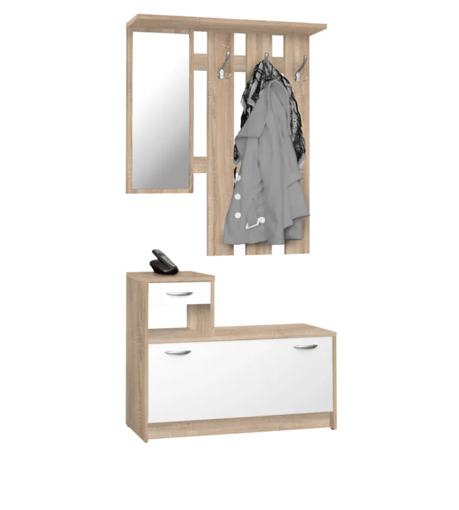 Mobili Da Ingresso-BellaHome Mobile da ingresso con specchio e appendiabiti bianco e quercia, 100x25x180 cm