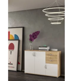 Credenze E Buffet|Mobile multiuso "londra 02" con 3 ante e 2 cassetti bianco e legno 120x35x83 cm