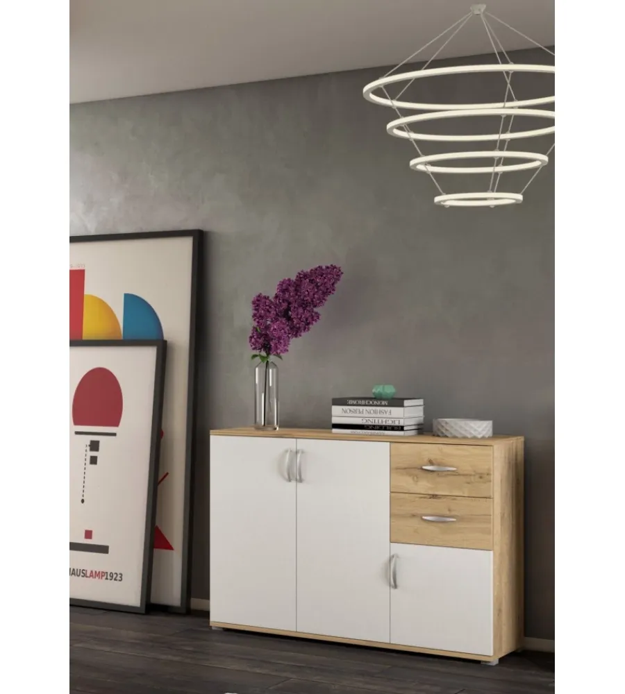Credenze E Buffet|Mobile multiuso "londra 02" con 3 ante e 2 cassetti bianco e legno 120x35x83 cm