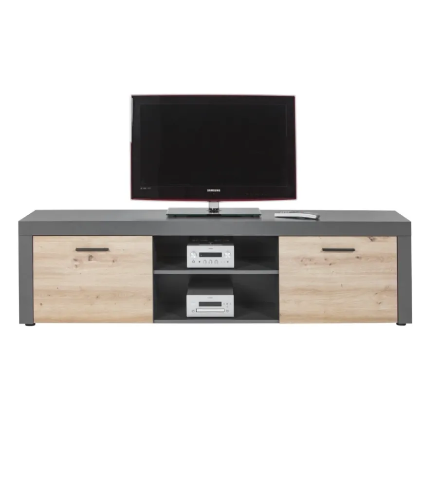 Pareti Soggiorno E Porta Tv- Mobile porta tv 2 ante grigio e quercia, 180x41,6x49 cm