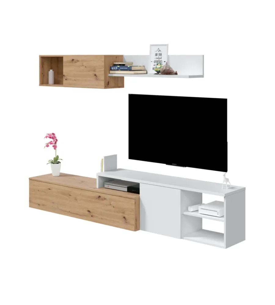 Outlet Mobile tv bianco e rovere, 220x40x44 cm Pareti Soggiorno E Porta Tv