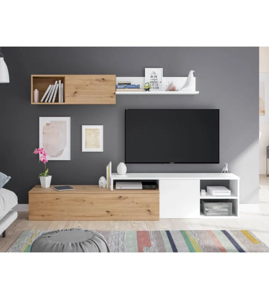 Outlet Mobile tv bianco e rovere, 220x40x44 cm Pareti Soggiorno E Porta Tv
