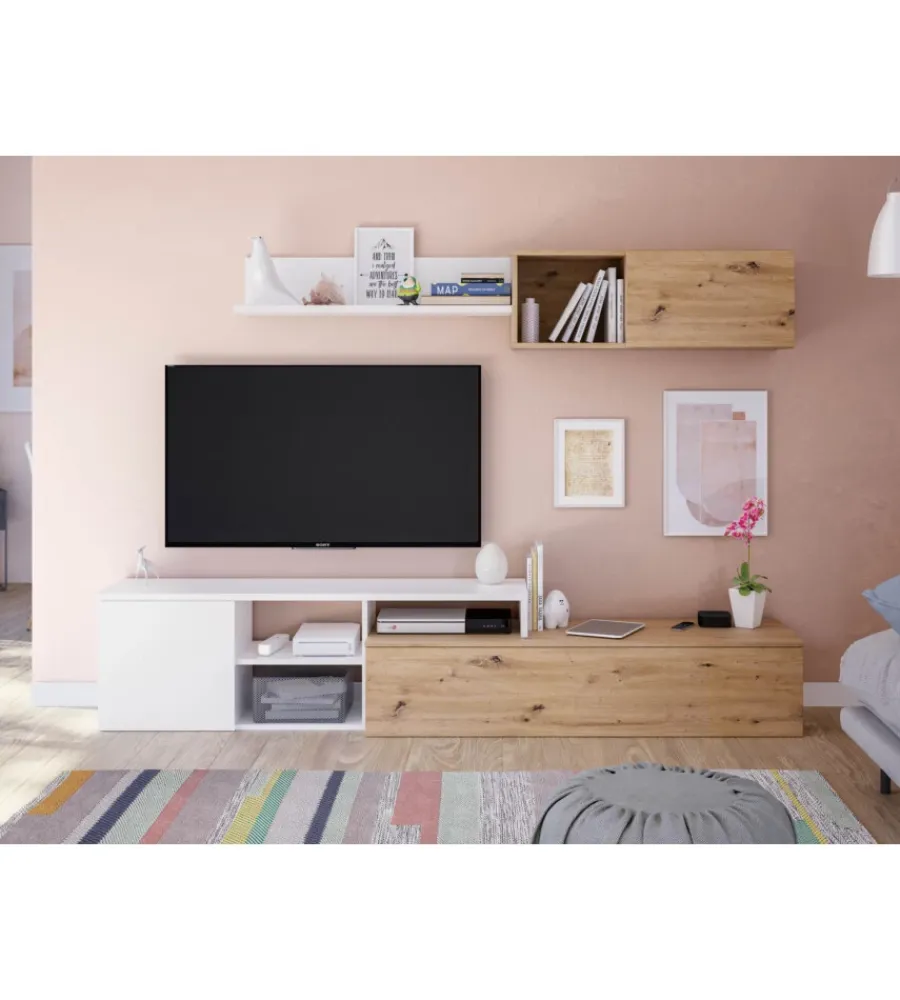 Outlet Mobile tv bianco e rovere, 220x40x44 cm Pareti Soggiorno E Porta Tv