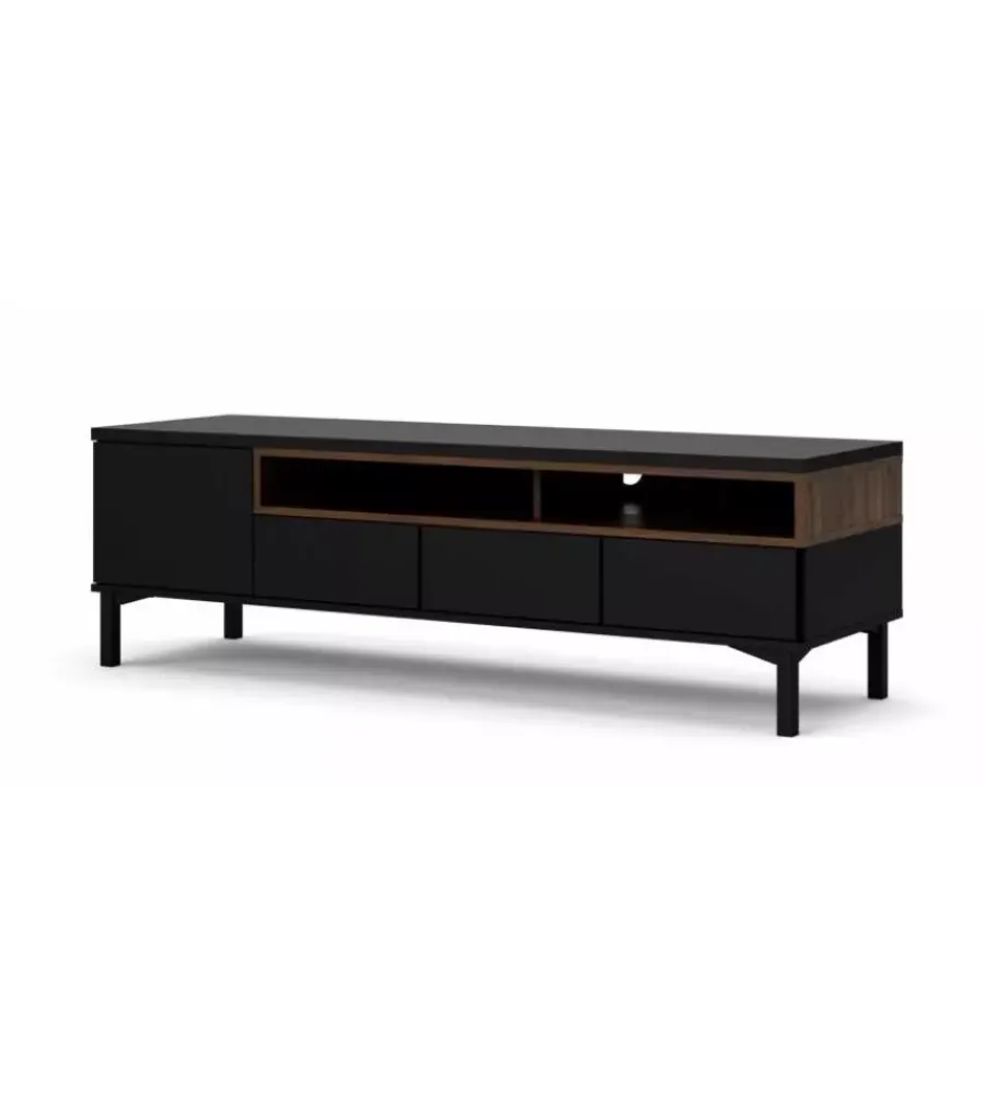Pareti Soggiorno E Porta Tv- Mobile tv nero e legno con 1 anta e 3 cassetti, 156x48x48 cm