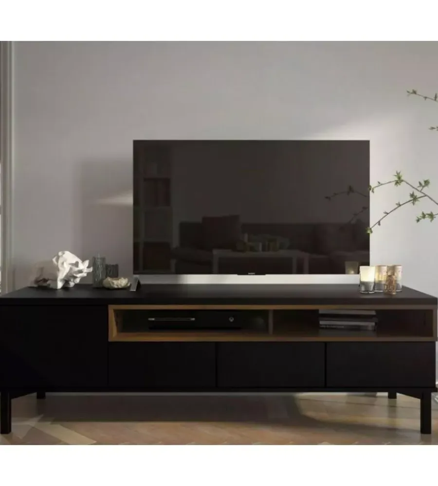 Pareti Soggiorno E Porta Tv- Mobile tv nero e legno con 1 anta e 3 cassetti, 156x48x48 cm