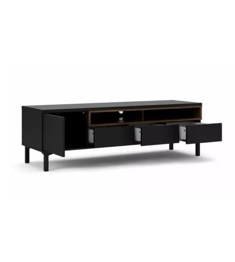 Pareti Soggiorno E Porta Tv- Mobile tv nero e legno con 1 anta e 3 cassetti, 156x48x48 cm