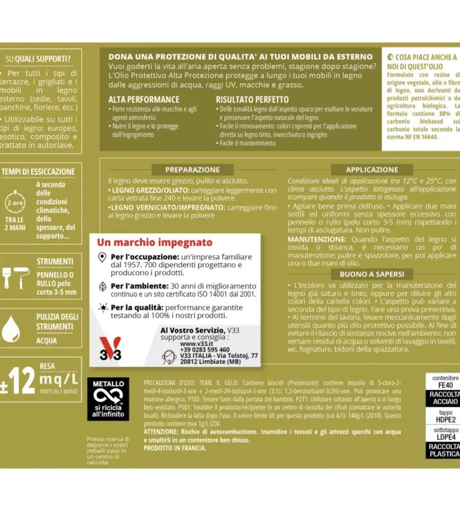 Oli E Detergenti Legno-V33 Olio protettivo per mobili da giardino teak, 1 lt