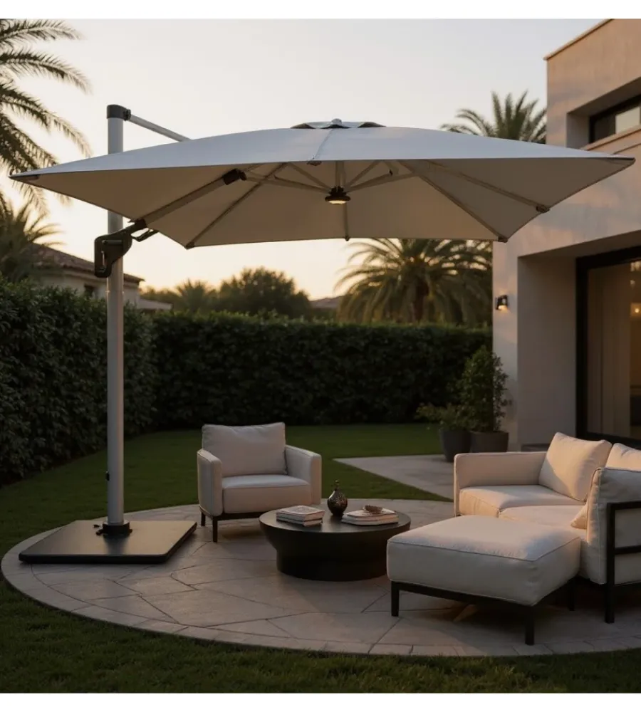 Coperture Per Esterno E Accessori- Ombrellone a braccio da esterno riviera "heliantus" con led e speaker grigio chiaro 300x400 cm