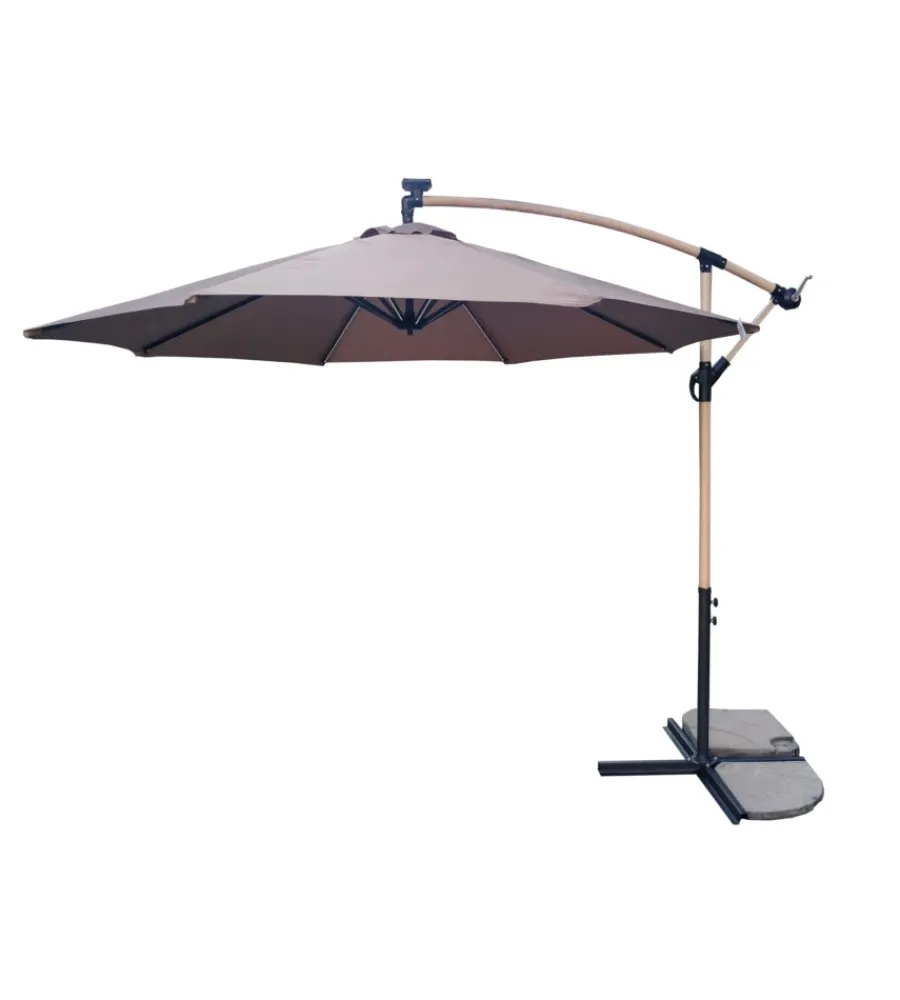 EuroGarden Coperture Per Esterno E Accessori|Ombrellone da giardino rotondo con braccio laterale con illuminazione led effetto legno taupe 3x3 m