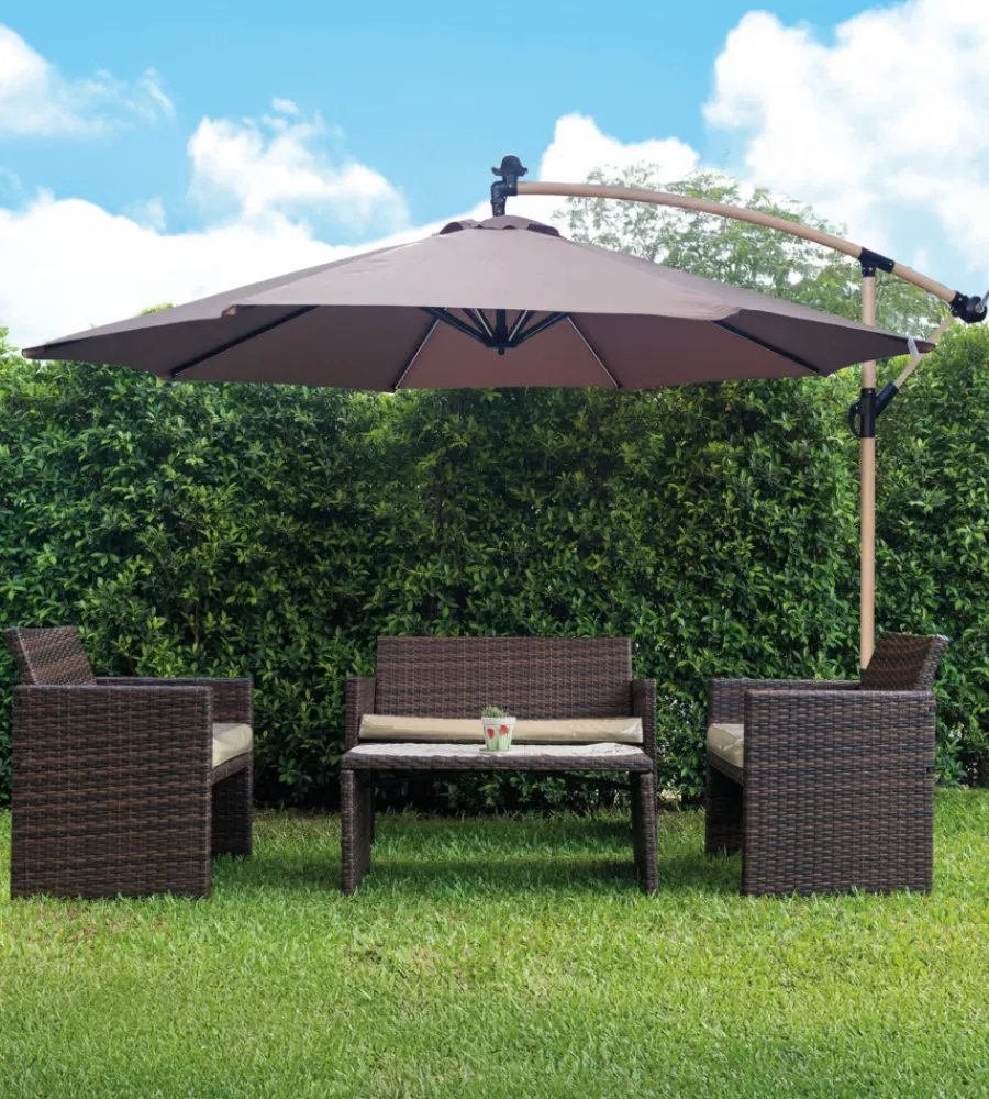 EuroGarden Coperture Per Esterno E Accessori|Ombrellone da giardino rotondo con braccio laterale con illuminazione led effetto legno taupe 3x3 m