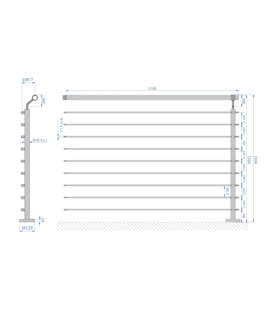 New Parapetto modulare certificato in acciaio inox aisi 304 con fissaggio a pavimento, 150 cm - kit intermedio a2. Porte, Scale E Pavimenti