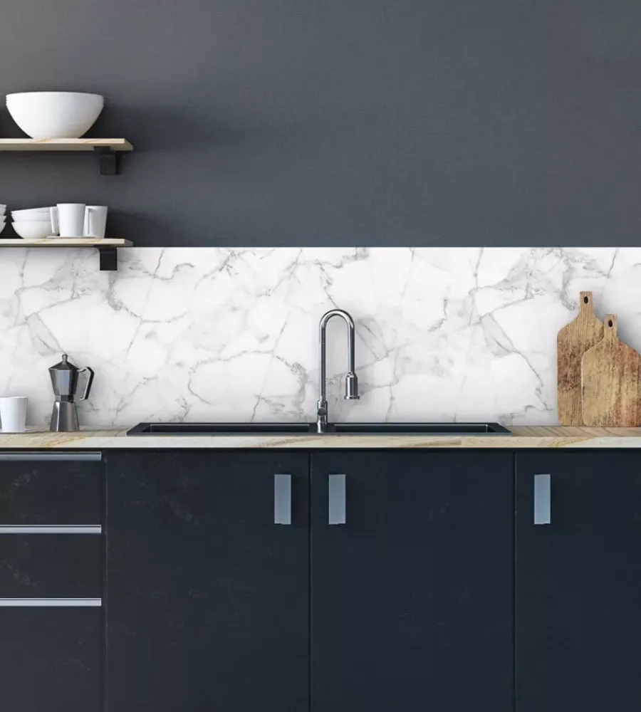 Decorazione Pareti|Paraschizzi adesivo da cucina fantasia "marmo bianco", 190x60 cm