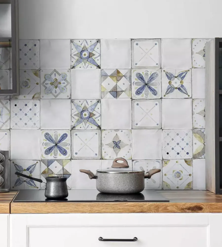 Decorazione Pareti- Paraschizzi adesivo da cucina fantasia "provence tiles", 300x60 cm