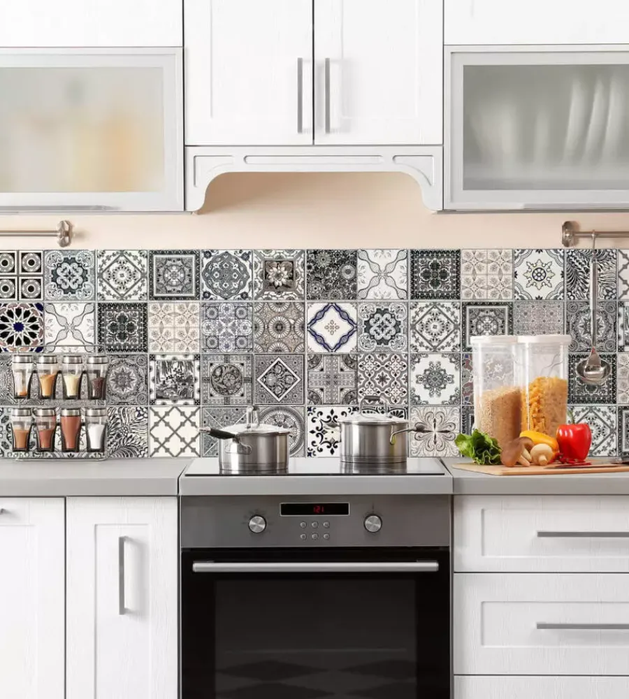 Decorazione Pareti|Paraschizzi adesivo da cucina fantasia "azulejos antichi", 190x60 cm