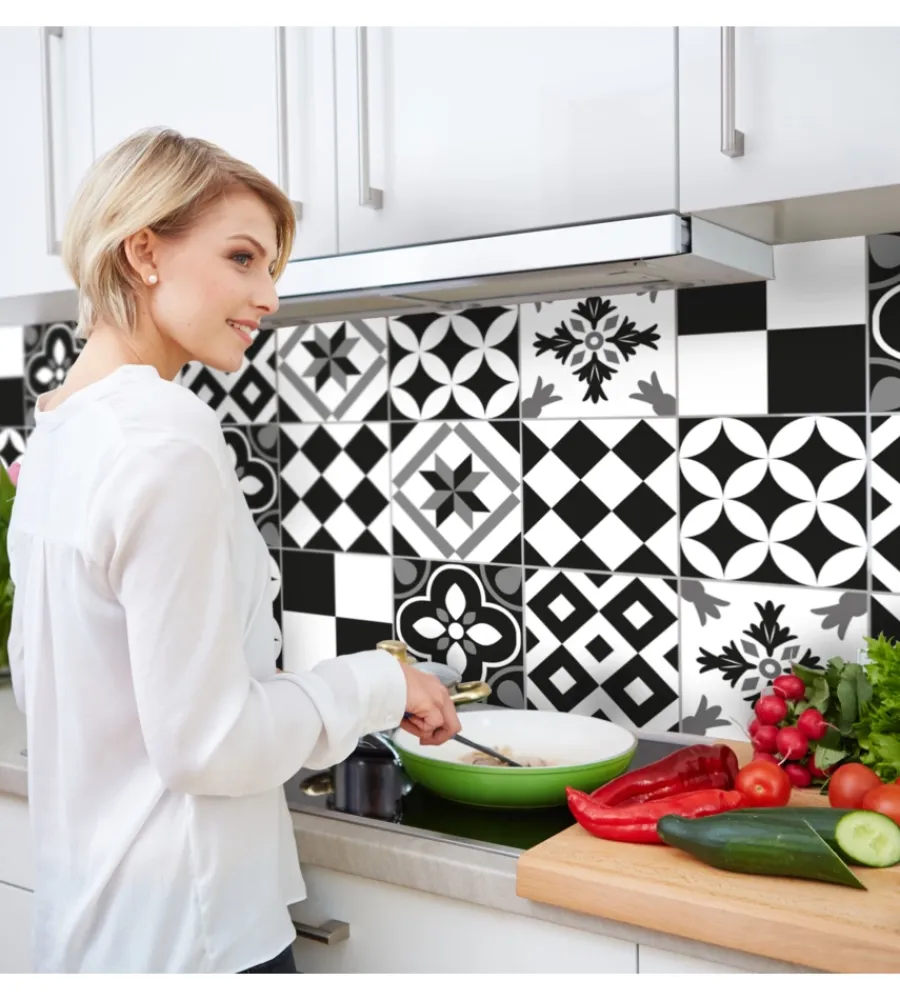 Decorazione Pareti- Paraschizzi adesivo in pvc piastrelle b&w, 260x60 cm
