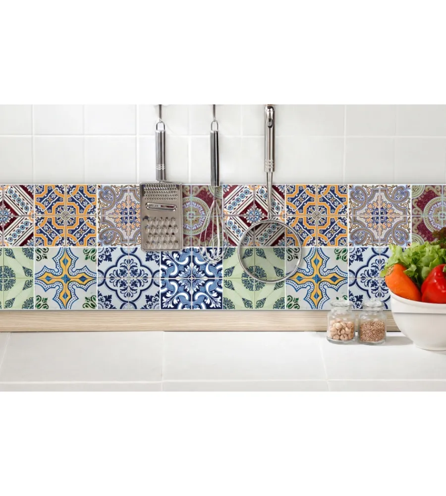 Decorazione Pareti|Paraschizzi da cucina in alluminio fantasia "azulejos", 24x48 cm