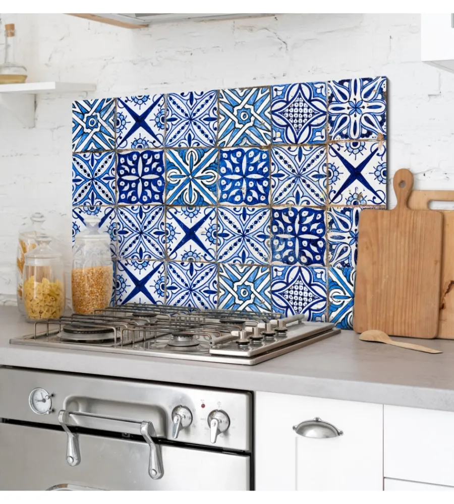 Decorazione Pareti|Paraschizzi in alluminio azulejos blu, 48x72 cm
