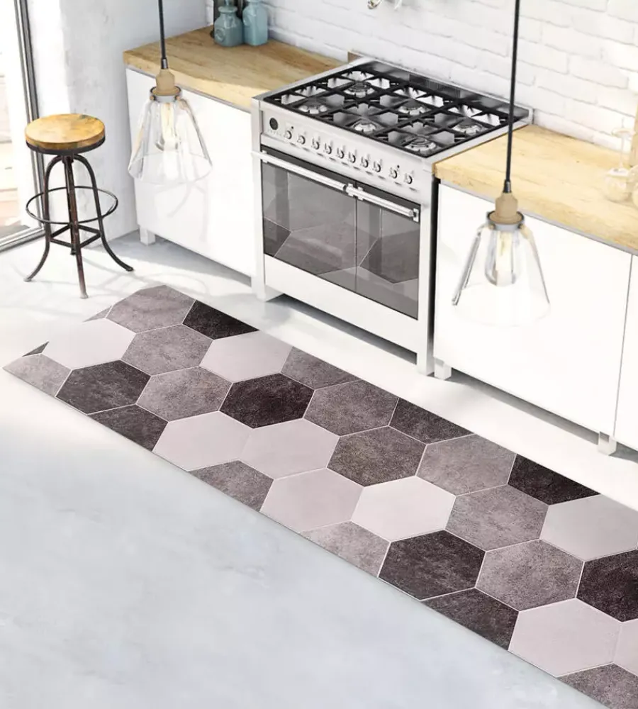 Tessile D'Arredo|Passatoia in vinile "runner" fantasia "esagoni grigi", 180x50 cm