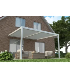 Coperture Per Esterno E Accessori|Pergola bioclimatica addossata riviera "calicantus wall" in alluminio bianco con led 400x300x230/245 cm