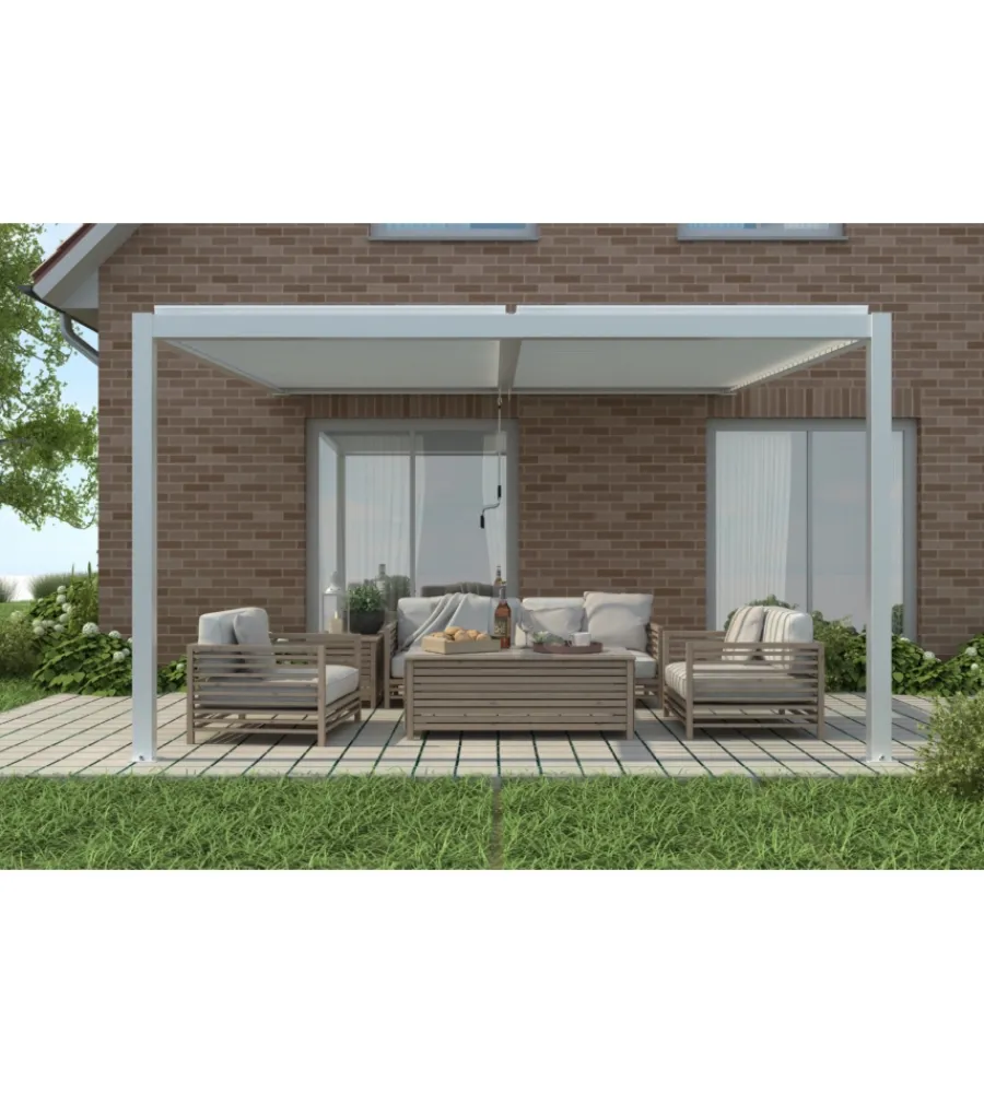 Coperture Per Esterno E Accessori|Pergola bioclimatica addossata riviera "calicantus wall" in alluminio bianco con led 400x300x230/245 cm