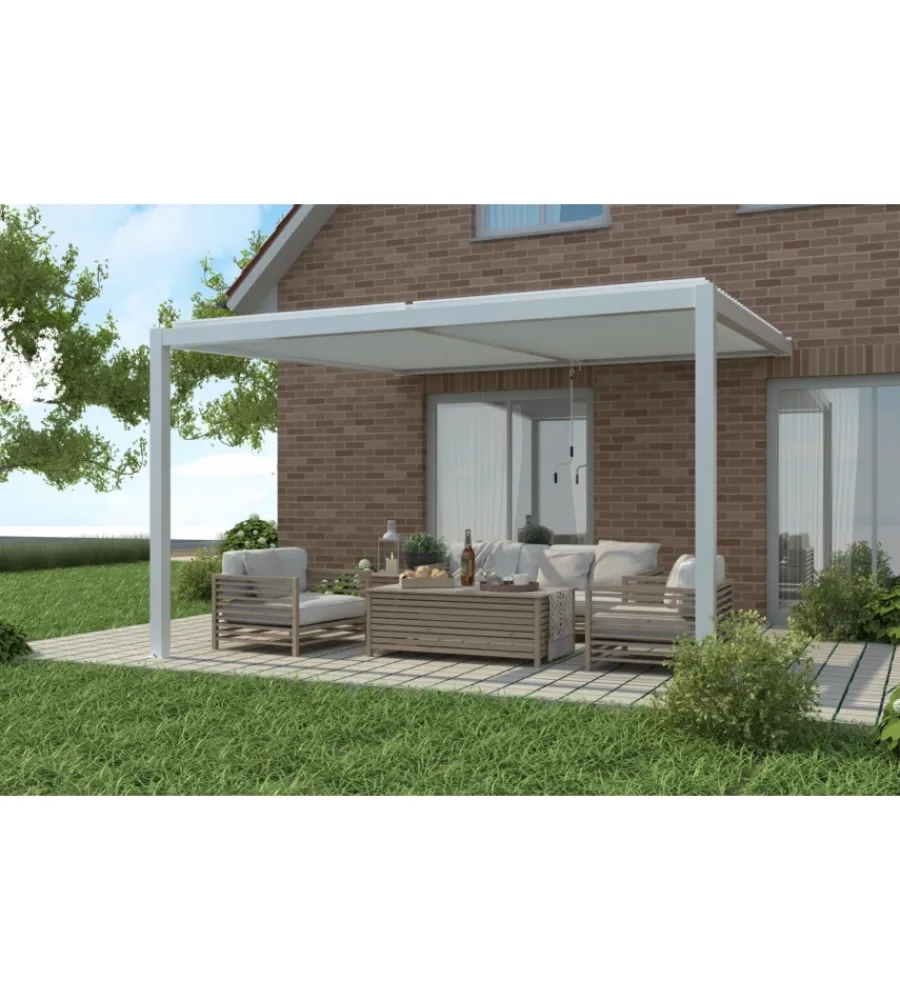 Coperture Per Esterno E Accessori|Pergola bioclimatica addossata riviera "calicantus wall" in alluminio bianco con led 400x300x230/245 cm