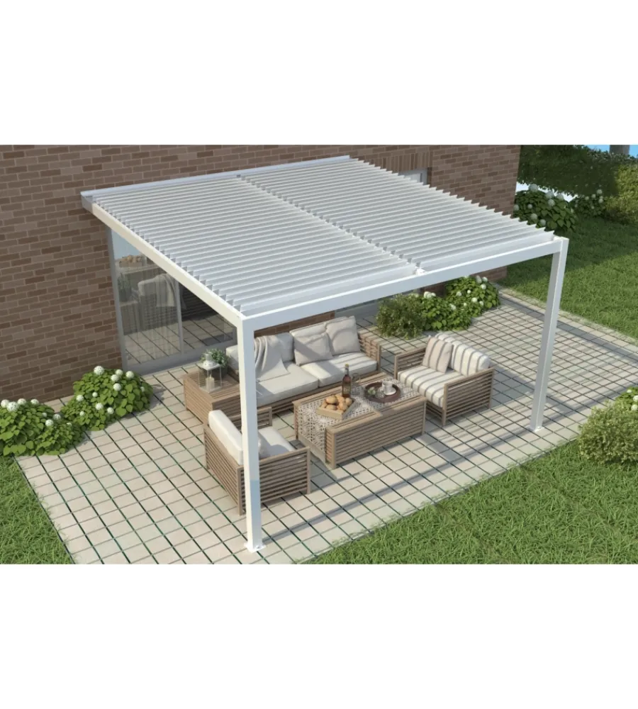 Coperture Per Esterno E Accessori|Pergola bioclimatica addossata riviera "calicantus wall" in alluminio bianco con led 400x300x230/245 cm