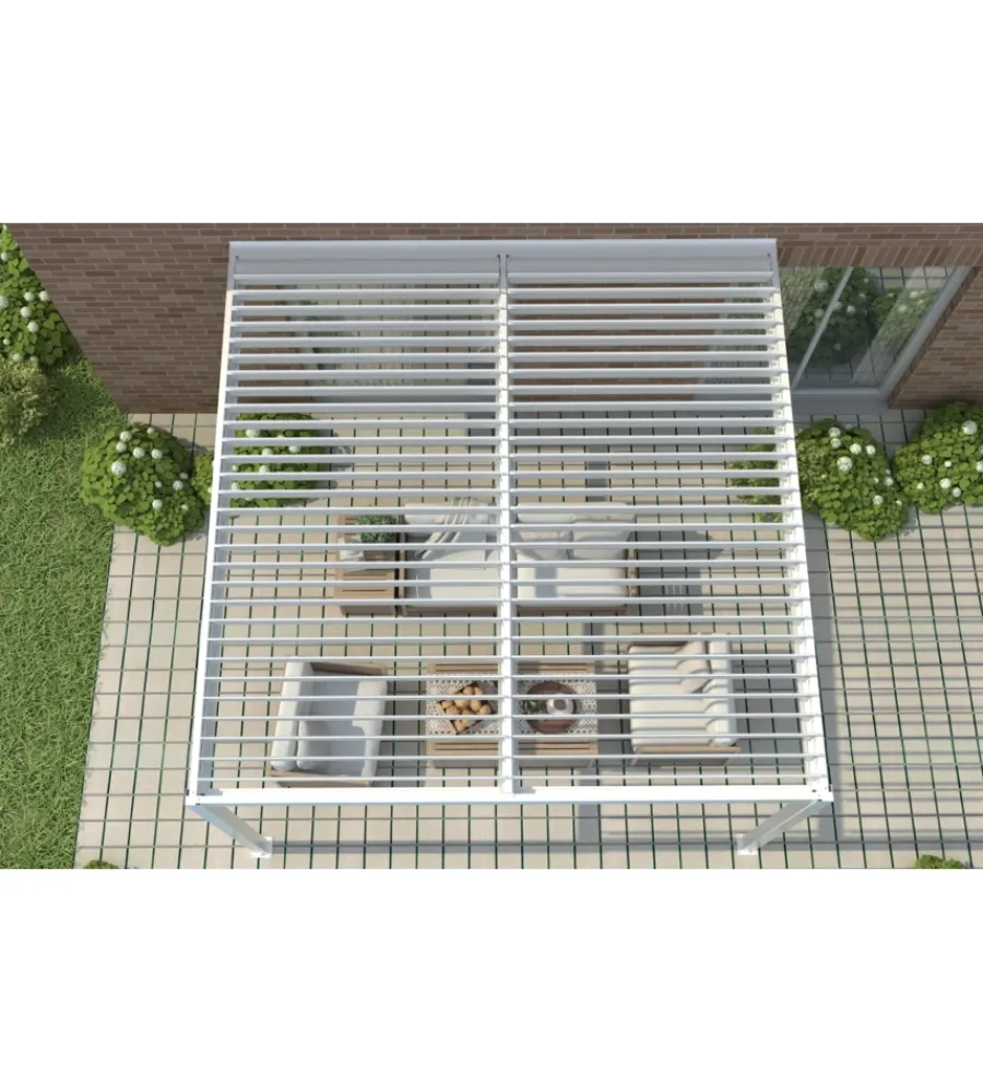 Coperture Per Esterno E Accessori|Pergola bioclimatica addossata riviera "calicantus wall" in alluminio bianco con led 400x300x230/245 cm