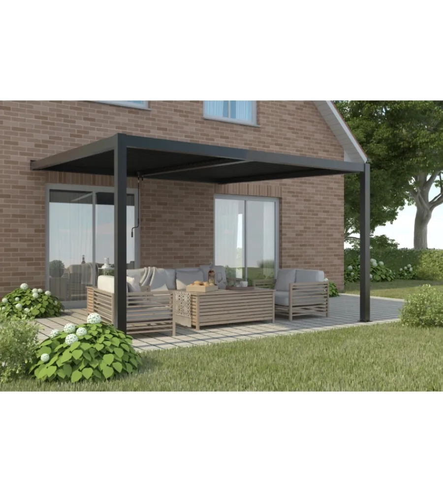 Coperture Per Esterno E Accessori- Pergola bioclimatica addossata riviera "calicantus wall" in alluminio antracite con led 400x300x230/245 cm