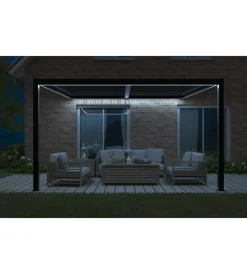 Coperture Per Esterno E Accessori- Pergola bioclimatica addossata riviera "calicantus wall" in alluminio antracite con led 400x300x230/245 cm