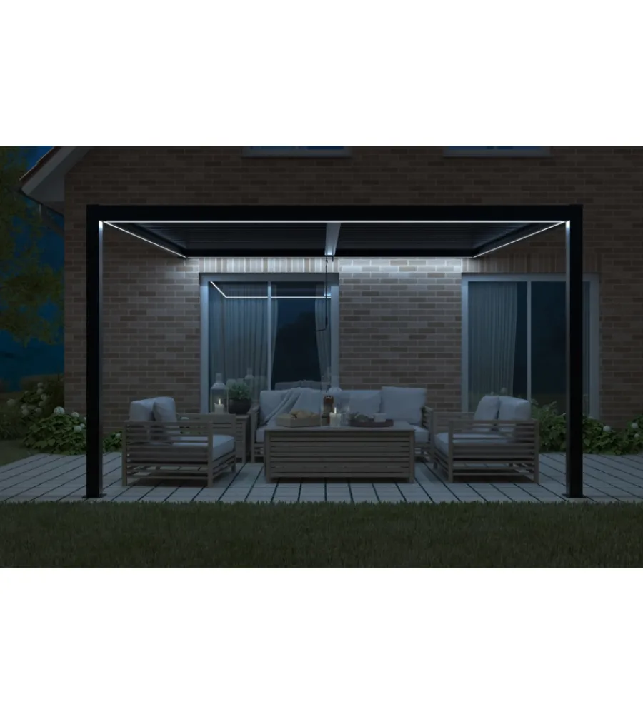 Coperture Per Esterno E Accessori- Pergola bioclimatica addossata riviera "calicantus wall" in alluminio antracite con led 400x300x230/245 cm
