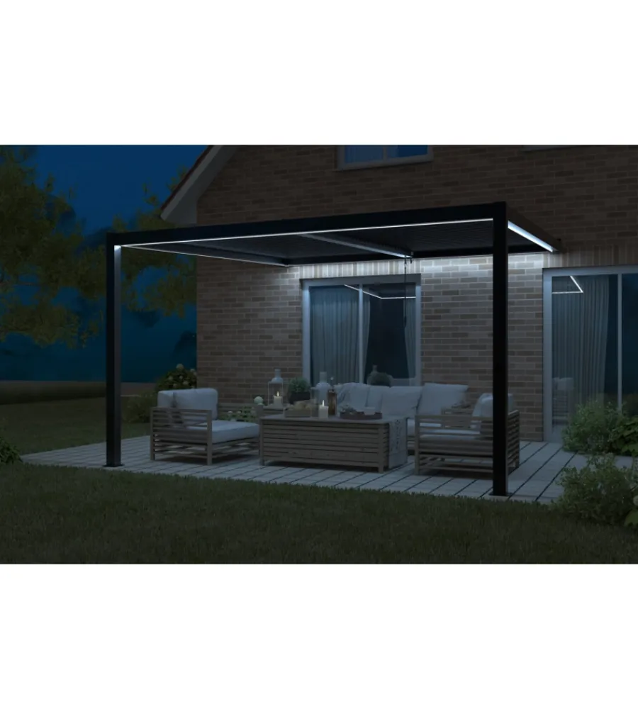 Coperture Per Esterno E Accessori- Pergola bioclimatica addossata riviera "calicantus wall" in alluminio antracite con led 400x300x230/245 cm