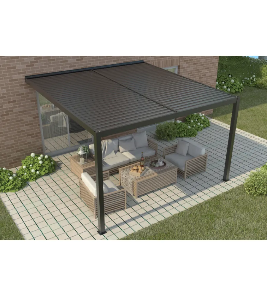 Coperture Per Esterno E Accessori- Pergola bioclimatica addossata riviera "calicantus wall" in alluminio antracite con led 400x300x230/245 cm