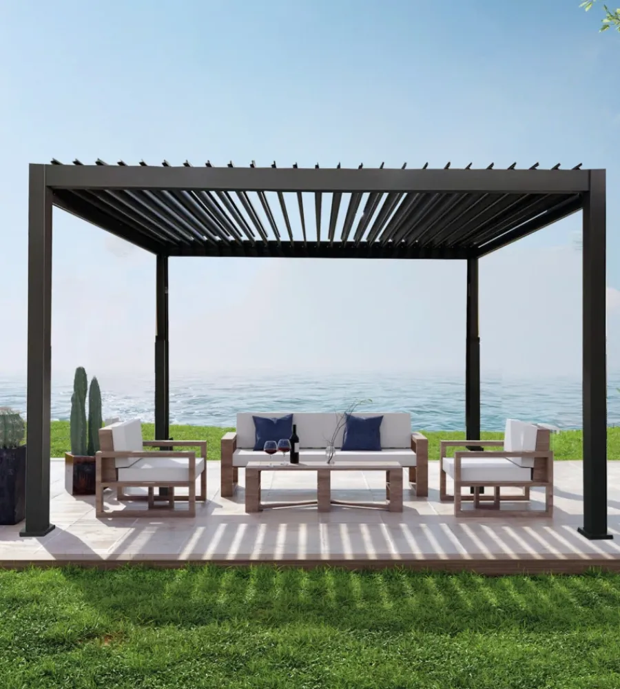 Hot Pergola bioclimatica da esterno "atena" con apertura a manovella in alluminio antracite 3x3 mt Coperture Per Esterno E Accessori