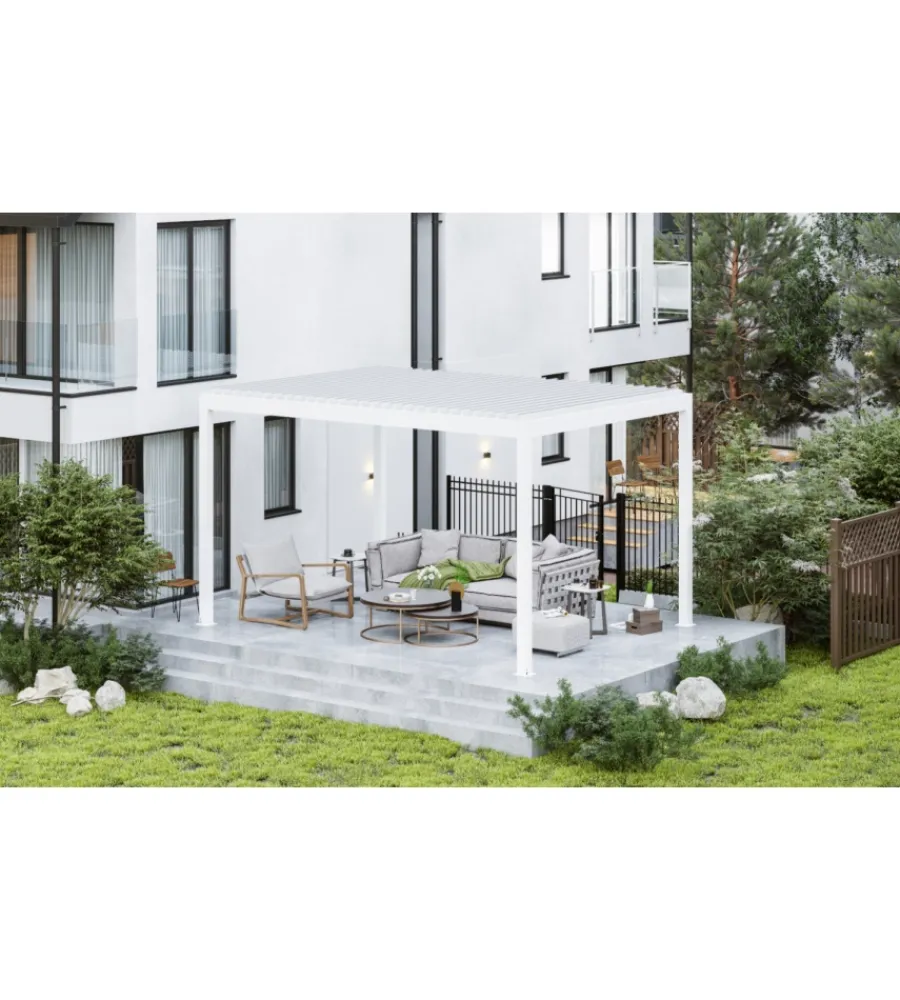 Outlet Pergola bioclimatica motorizzata riviera "quadrifoglio" in alluminio bianco 400x300x250 cm Coperture Per Esterno E Accessori
