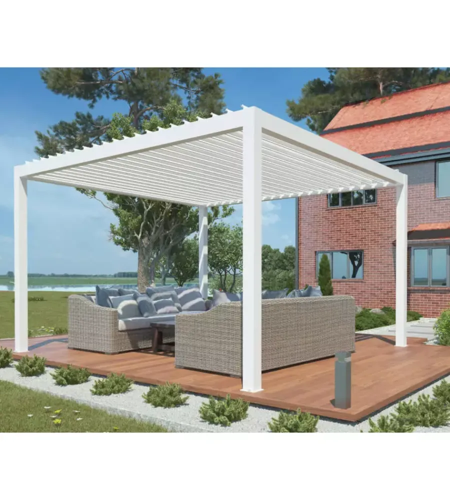 Coperture Per Esterno E Accessori- Pergola bioclimatica motorizzata riviera "bouganville" in alluminio bianco 400x400x250 cm