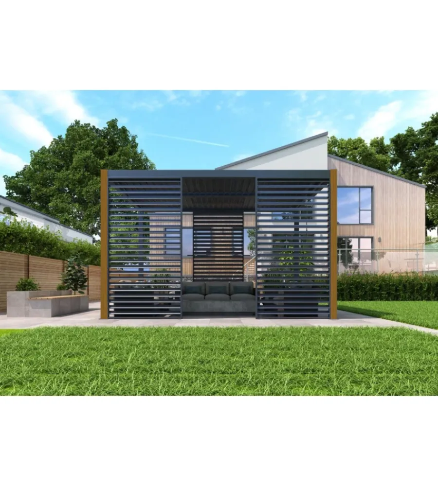 Coperture Per Esterno E Accessori|Pergola bioclimatica riviera "calicantus wood" in alluminio effetto legno con led 400x300x250 cm